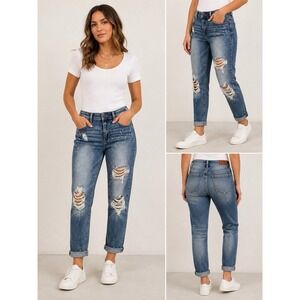 Judy Blue Boyfriend Jeans Women's 9/29 Distressed Paint Splatter Blue Denim